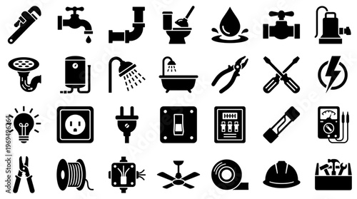 Collection of plumbing and electrical icons representing home repair and maintenance services