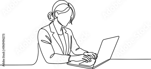 Female Professional Typing on Laptop Continuous One Line Drawing