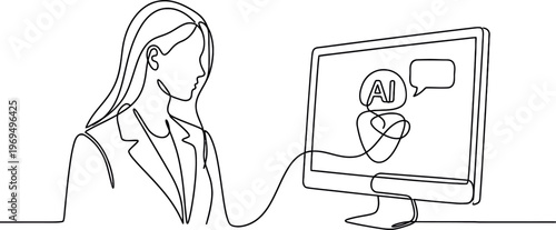 Female Professional Interacting with Artificial Intelligence Continuous One Line Drawing