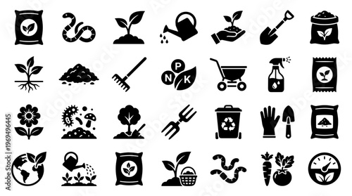 Gardening Icons Set Agriculture Farming Tools Plants Soil Fertilizers and Organic Growth Symbols