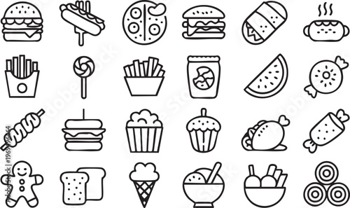 Snack outline icons for UI design with junk food and dessert elements