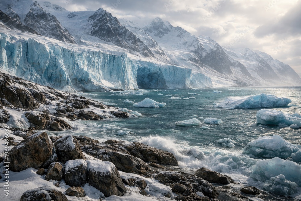 Obraz premium Icy Glacier Landscape Overlooking Rocky Shoreline Under Cloudy Sky
