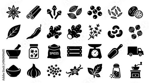 Collection of spice icons and illustrations representing culinary ingredients and kitchen tools for food preparation and cooking