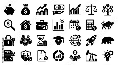 Collection of Business and Finance Icons Representing Growth Investment Success and Economy
