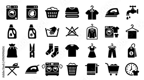 Collection of laundry icons representing washing drying ironing and cleaning services for domestic and commercial use
