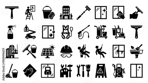Window Cleaning Service Icons Set Professional Equipment and Tools for Building Maintenance and Hygiene