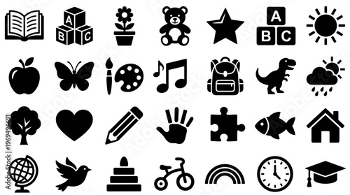 Collection of Black Icons Representing Education Childhood and Learning Symbols on White Background