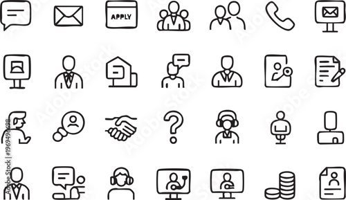 Outline icons of office workflow recruitment and client communication for UI design