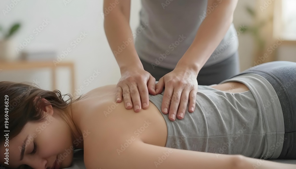 Fototapeta premium Therapist's hands gently massaging a woman's back for relaxation and pain relief