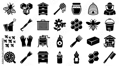 Beekeeping Equipment and Tools Collection Icons Set Vector Illustration Apiary Supplies and Honey Production Symbols
