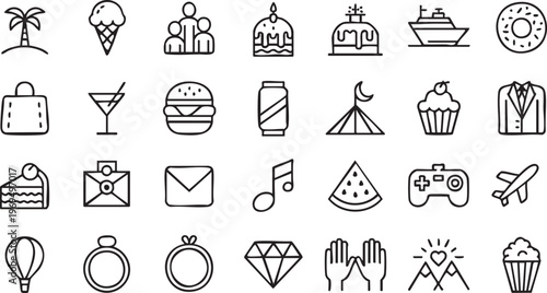Outline icon collection of leisure travel shopping and celebration elements