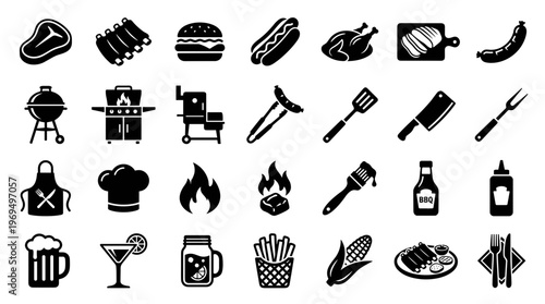 Barbecue and Grill Icons Set Collection of Food and Cooking Symbols for Summer Outdoor Cooking and Food Service Industry
