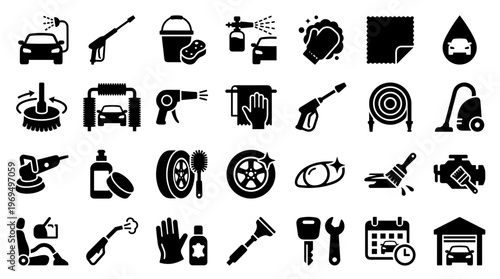 Comprehensive Car Wash and Detailing Icons Set for Auto Care Services and Vehicle Maintenance