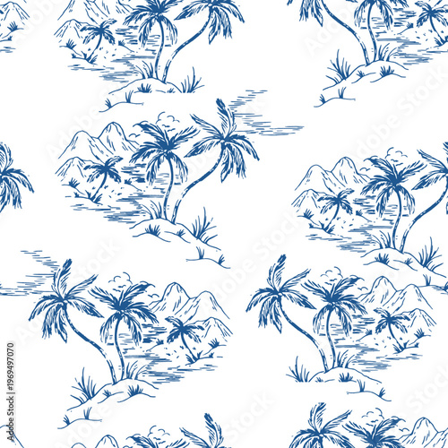 Seamless blue and white tropical toile pattern. Vintage hand drawn palm tree island sketch background. Coastal landscape textile design.