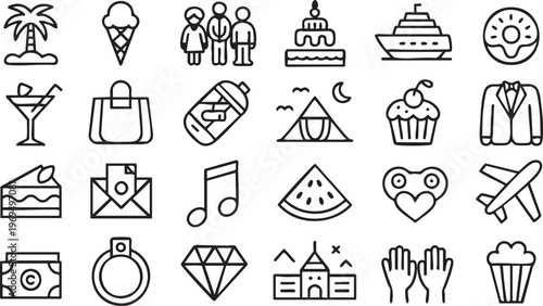 Vacation and entertainment line icons set for apps and digital projects