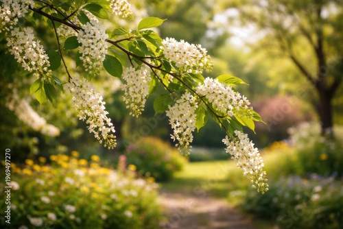 A sunny garden view featuring a bird cherry tree branch with white blossoms and a soft blurred backdrop