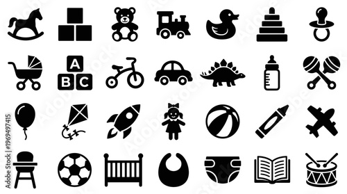 Collection of black and white icons representing children's toys and baby items on a white background