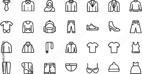 Fashion clothing outline icon set with apparel wardrobe and accessories