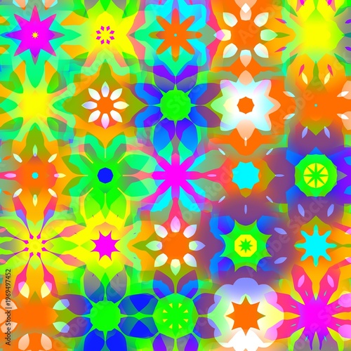 Colorful abstract digital artwork with vivid neon tones kaleidoscopic geometric shapes and smooth gradients showing psychedelic visual style suitable for backgrounds design and creative projects