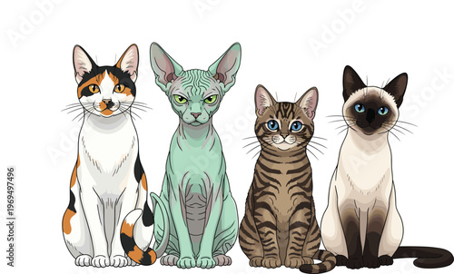 Cat Breed Illustration Set with Siamese, Sphynx, Tabby, and Calico Cats in Realistic Style for Pet Design, Animal Portrait Collection, and Veterinary Graphics