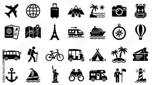 Collection of travel and transportation icons representing global journeys and vacation adventures