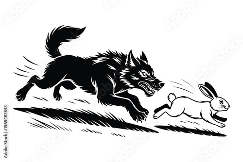 Black wolf chasing white rabbit through grass chase