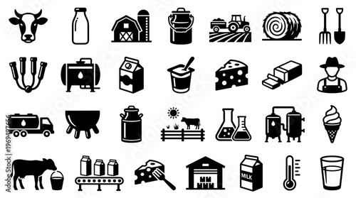 Dairy farm icons set for milk production and agriculture industry with cow, tractor, cheese, milk carton, ice cream and farmer