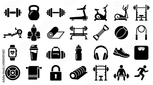 Fitness Equipment Icons Set Gym Accessories Workout Gear Collection Healthy Lifestyle Objects
