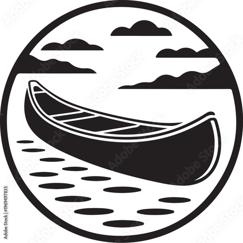 Black canoe on water with clouds on white background vector graphic