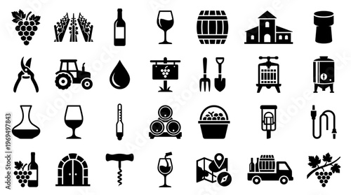 Collection of wine making icons and symbols representing vineyard cultivation production and enjoyment