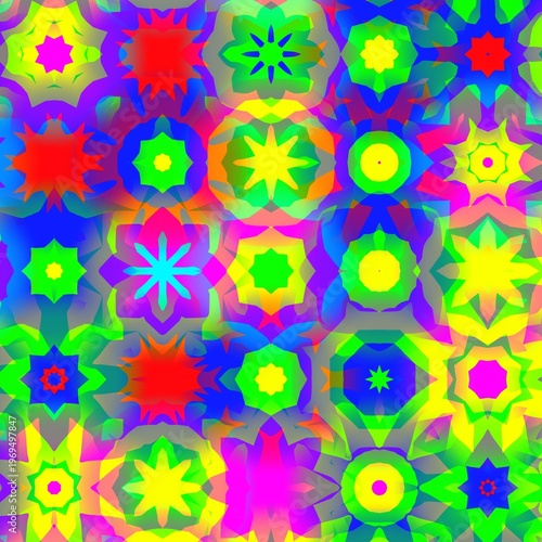 Colorful abstract digital artwork with vivid neon tones kaleidoscopic geometric shapes and smooth gradients showing psychedelic visual style suitable for backgrounds design and creative projects