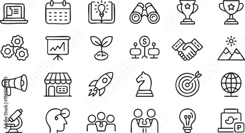 Minimal business strategy icons for corporate planning and digital platforms