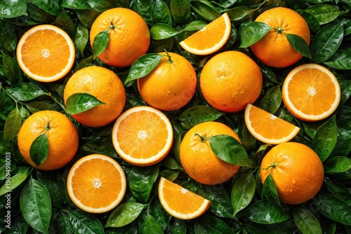 top view of ripe orange fruits arranged on a lush green leafy background