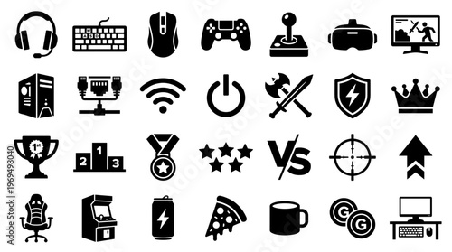 Collection of Gaming Icons and Symbols Representing Video Game Entertainment and Digital Lifestyle