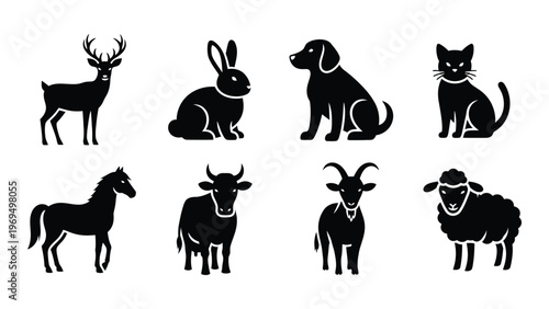 A collection of eight domestic and wild animals presented in a flat black silhouette style high quality professional detailed modern elegant