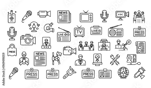 Mass media and journalism line icon collection with editable stroke in creative scattered layout for news concepts