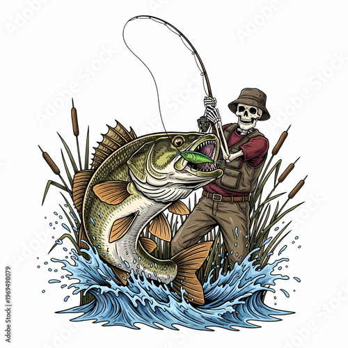 Skeleton fisherman catching big walleye fish in the river