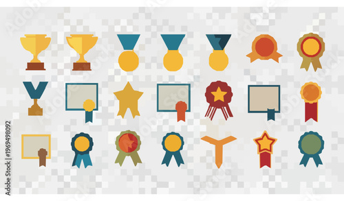 Flat award and achievement icons in horizontal layout with trophies medals ribbons and certificates isolated on transparent