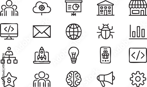 Startup and software development line icons collection for digital platforms