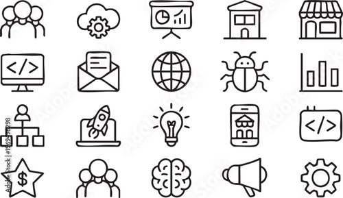 Business technology outline icons for apps dashboards and software systems