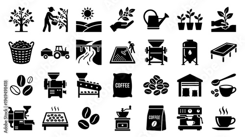 Coffee production process icons set agriculture farming to beverage manufacturing stages from bean to cup