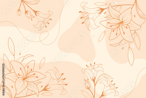 Floral Patterns, Peach Background, Line Art Flowers, Vector Illustrations, Abstract Botanicals