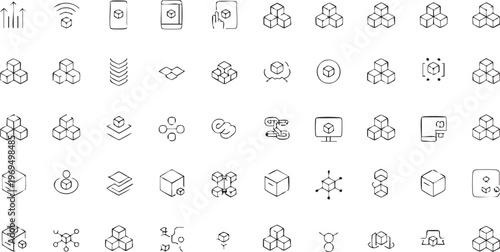Decentralized system icon pack with blockchain and cube elements