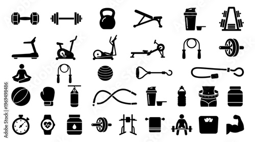 Fitness Equipment Icons Collection Healthy Lifestyle Gym Workout Objects