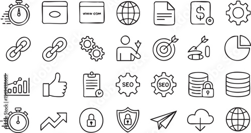 SEO digital marketing and analytics outline icon set for business growth