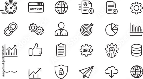Marketing strategy and SEO icon pack with data charts and optimization