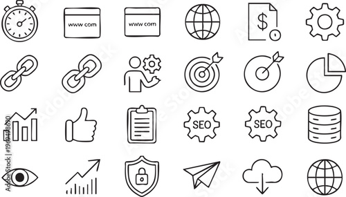 Digital marketing and SEO icon set with analytics and performance symbols