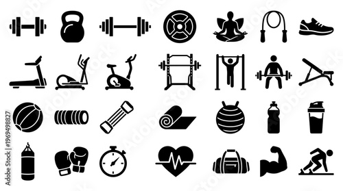Collection of fitness and gym equipment icons representing a healthy lifestyle and workout activities
