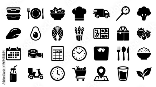 Healthy food icons and symbols for diet and nutrition planning delivery and lifestyle choices