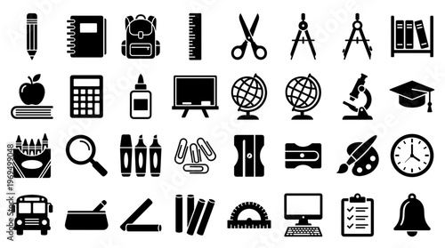 Collection of school and office supplies icons black and white educational and learning tools for study and work